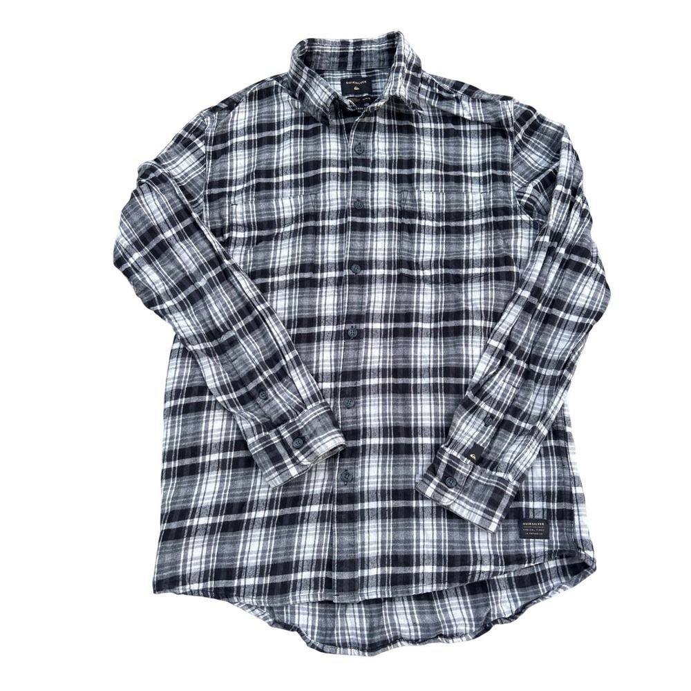 Quiksilver Mens Plaid Flannel Shirt Black White Grey Modern Fit Medium Cotton